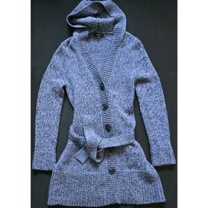 Express Gray Heather Acrylic Wool Button Long Cardigan Hooded, W/Belt Size M
